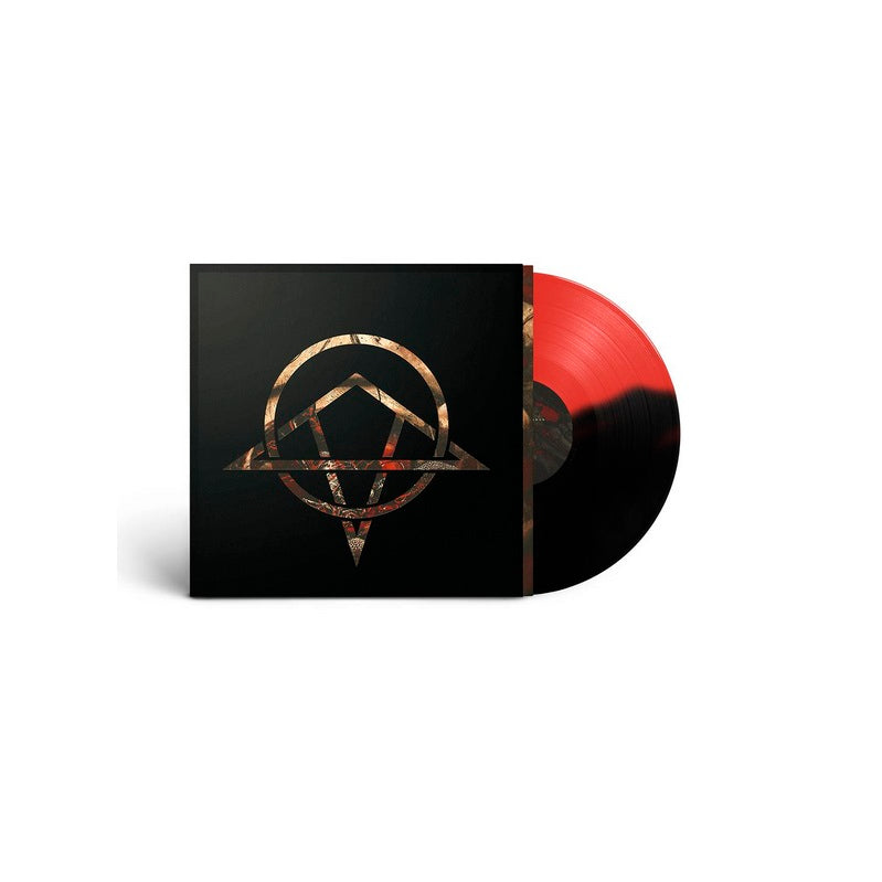 half red half black vinyl sticking out of black vinyl sleeve against white background. the vinyl sleeve has a circle with triangles through it, creating an abstract shape. the inside of the shape is a yellow/gray/black and red color.