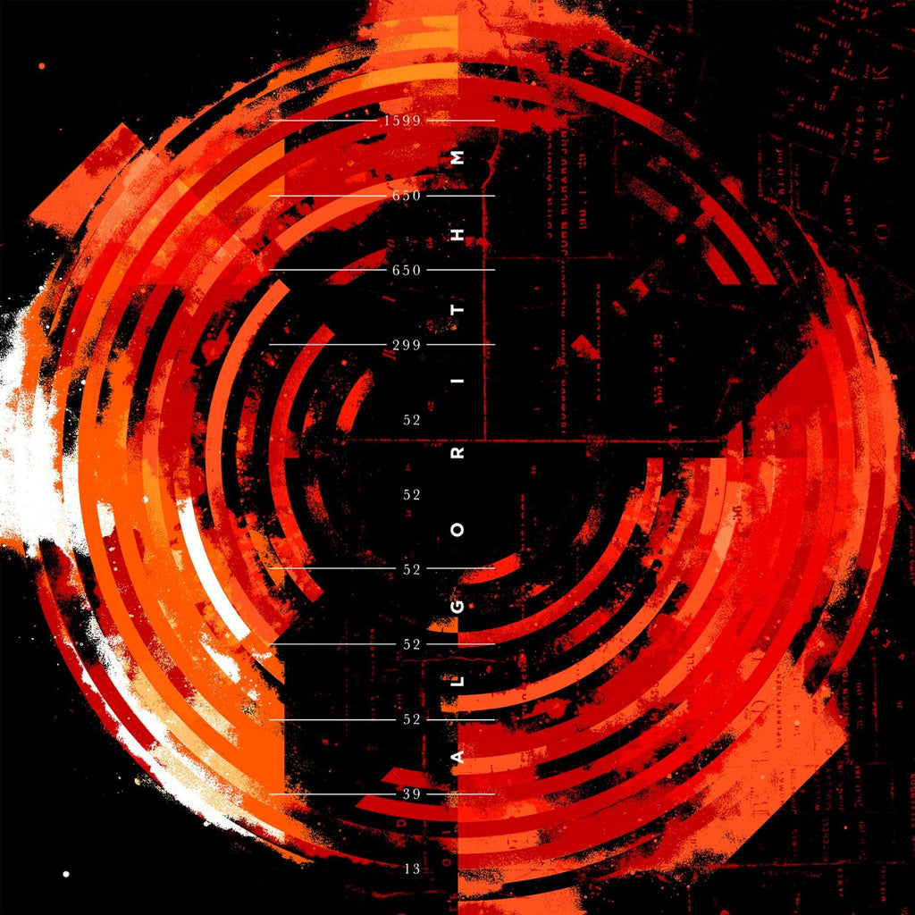 algorithm artwork which is black with an orange, white and black circle pattern with lines in the circle. in small white text ascending up the center of the artwork reads "algorithm". 