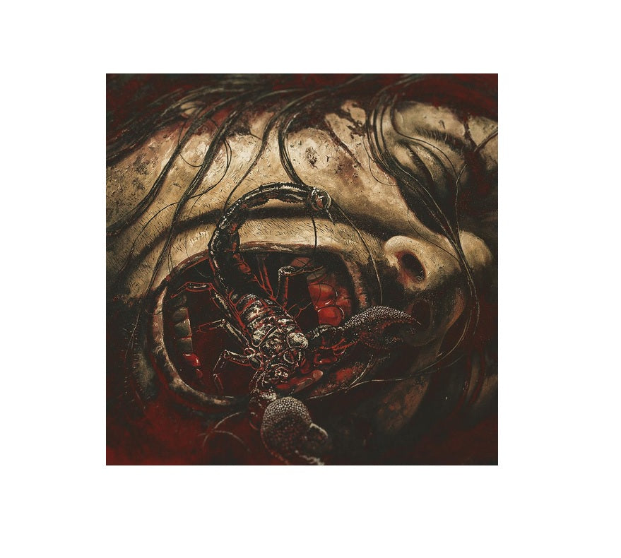 cd cover against white background. the album artwork features a man with their mouth wide open, bloody teeth. a black and red scorpion is sitting on their mouth.